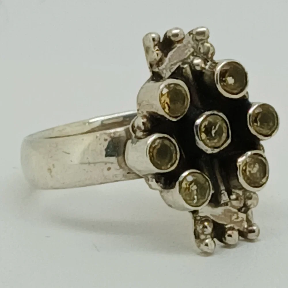 Artisan Crafted 925 Sterling Silver Citrine Cluster Ring Thailand 1990s Size 9.5